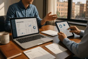Two professionals collaborate on business accounting in a sunlit modern office. An open laptop with accounting software, invoices, a personalised planner, and city-themed decor emphasise local expertise and streamlined financial work. Detailed hands, written notes, and urban view reflect trust and precision.