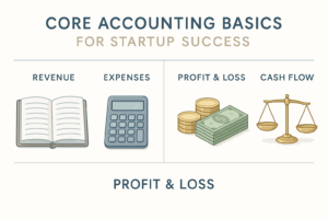 Minimalist infographic showing accounting basics for startups: a ledger book, calculator, coins, bills, and balance scales. Sections labeled Revenue, Expenses, Profit & Loss, and Cash Flow are divided with soft lines, using a clean design with blue, gray, and gold tones for clarity.