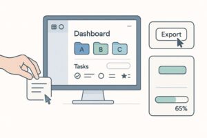 Minimalist infographic showing a desktop screen with intuitive icons, color-coded folders, and flat-design toolbars. Vector illustrations depict hand dragging files, automation shortcut, and progress bar, using azure, white, gray, and mint colors, real-use imperfections, and clear labels like Dashboard, Tasks, and Export.