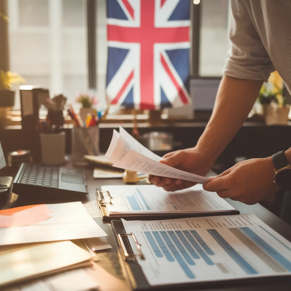 Small business owner reviewing financial documents with UK flag in office
