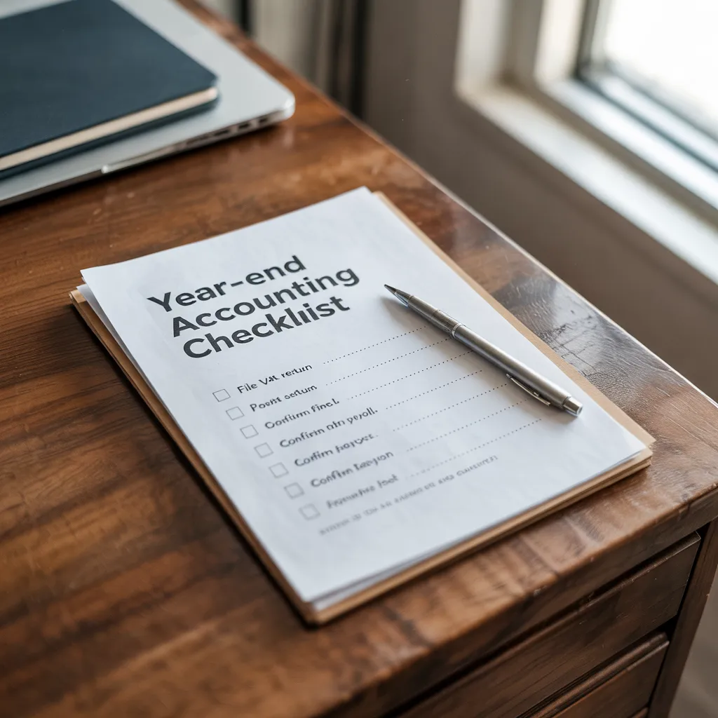 Year End Accounting Checklist for Small Businesses End of financial year accounting checklist for small business year end accounts with organized paperwork
