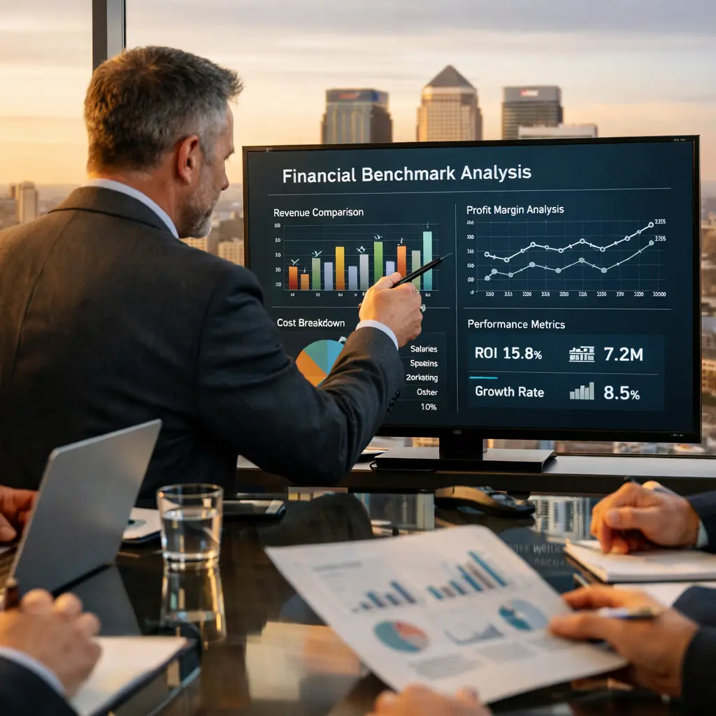 Business professional presenting financial benchmark analysis with revenue comparison, cost breakdown, and performance metrics showing 15.8% ROI and 8.5% growth rate