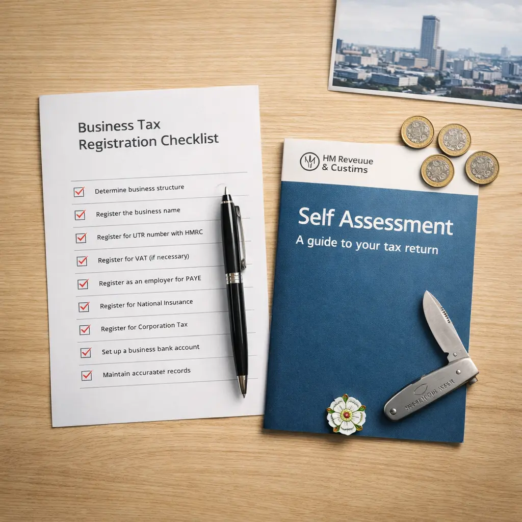Business tax registration checklist with HMRC self assessment guide, British coins and pen on a wooden desk