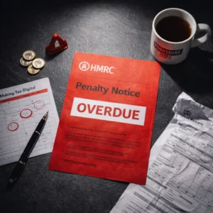 HMRC overdue penalty notice on a desk beside a Making Tax Digital schedule, VAT return form and British coins
